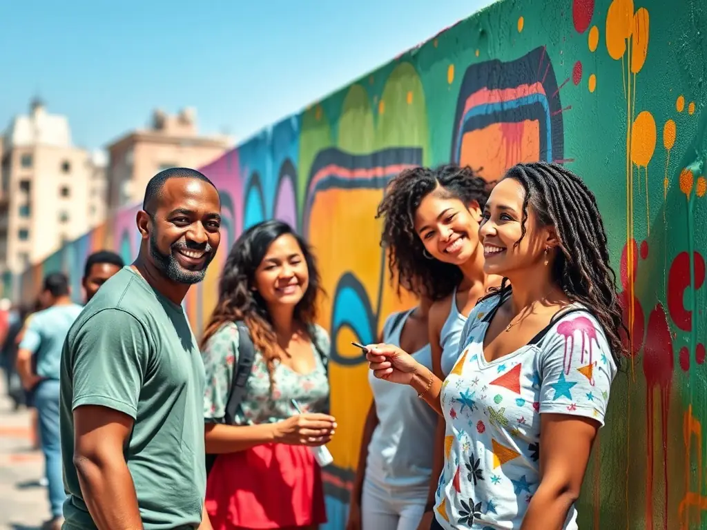 A collaborative art project facilitated by GOURBI PRODUCTIONS, showing artists working together on a mural, symbolizing the organization's efforts to strengthen community connection through artistic projects.
