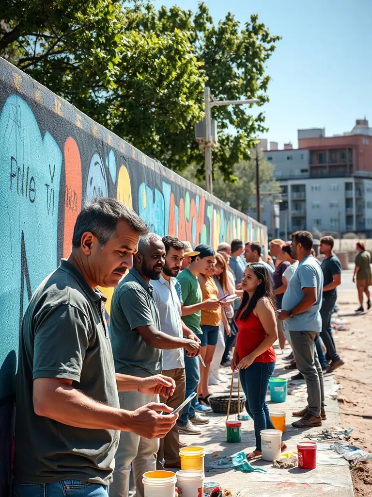 A photograph capturing a vibrant community mural painting event, showcasing diverse participants of all ages collaborating on a large-scale artwork, reflecting GOURBI PRODUCTIONS' commitment to accessible art.