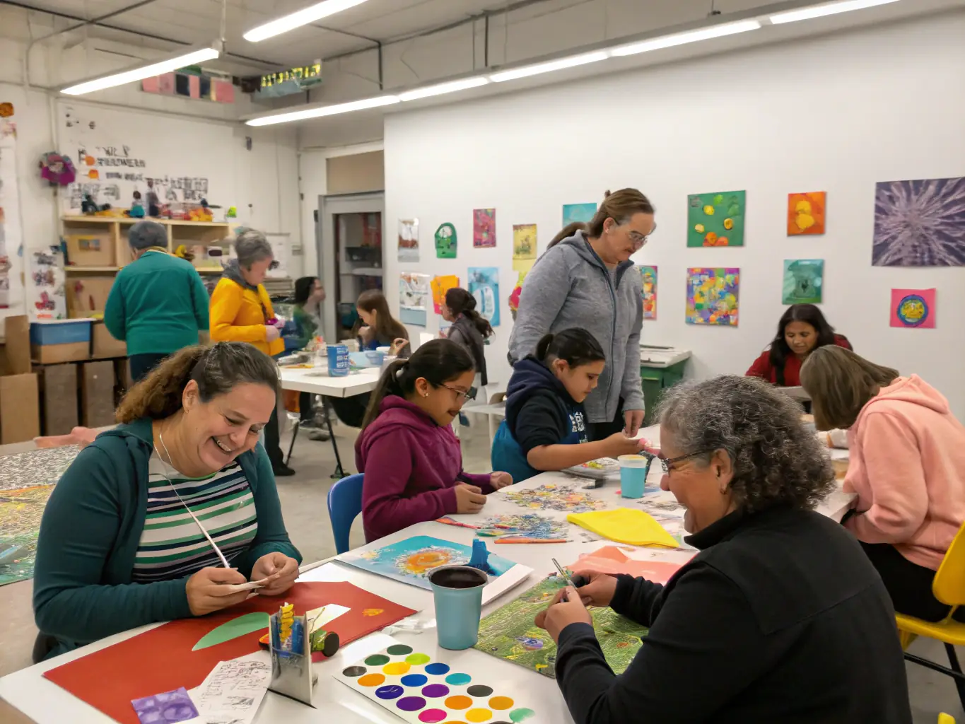 A vibrant photograph capturing a community arts workshop in progress, with participants of diverse ages and backgrounds actively engaged in a collaborative art project, showcasing the inclusive and engaging nature of GOURBI PRODUCTIONS' community arts programs.