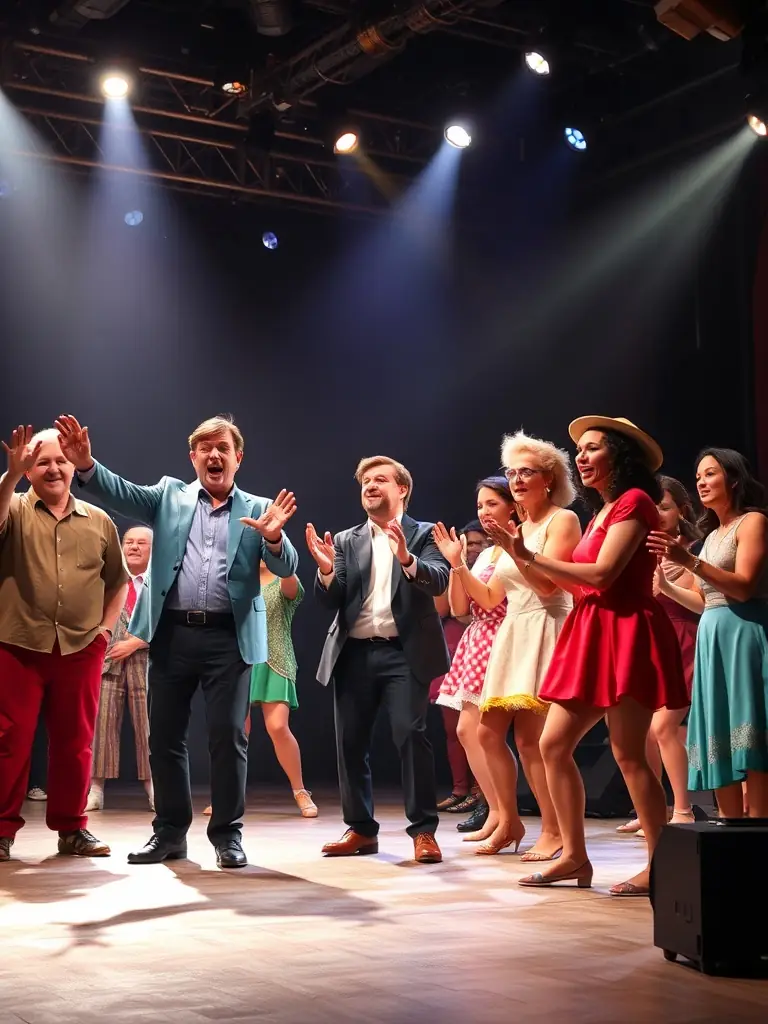An image depicting a live theater performance organized by GOURBI PRODUCTIONS, featuring actors on stage with expressive costumes and dynamic lighting, highlighting the organization's support for performing arts.