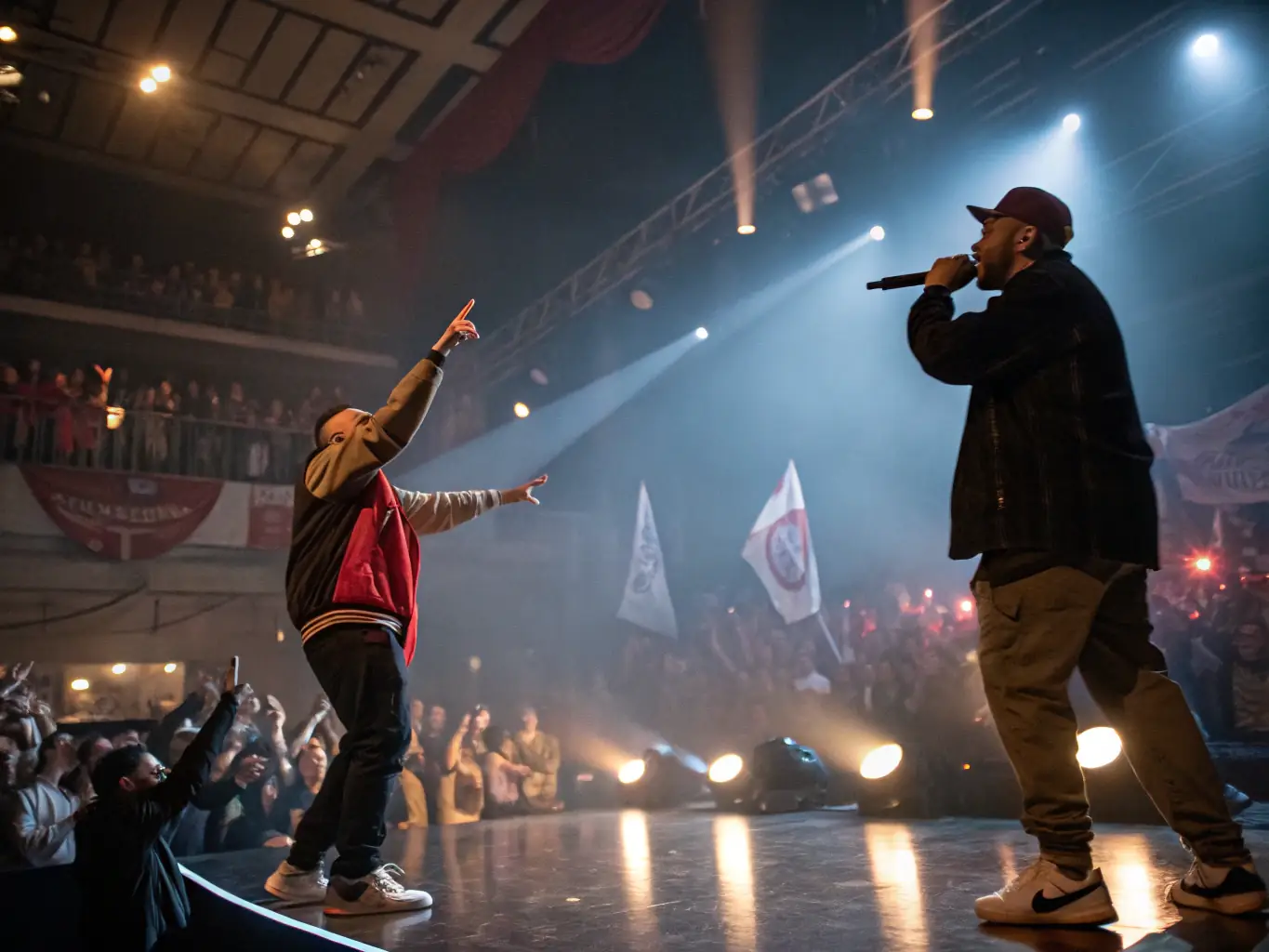 A dynamic image of a live performance event organized by GOURBI PRODUCTIONS, featuring artists on stage and an engaged audience, highlighting the organization's commitment to supporting live performance and cultural events.
