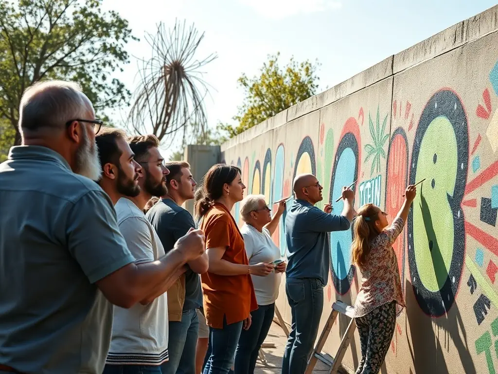A vibrant photograph capturing a community arts workshop in progress, with participants of diverse ages and backgrounds actively engaged in a collaborative painting activity, showcasing the inclusive and engaging nature of GOURBI PRODUCTIONS' community arts programs.