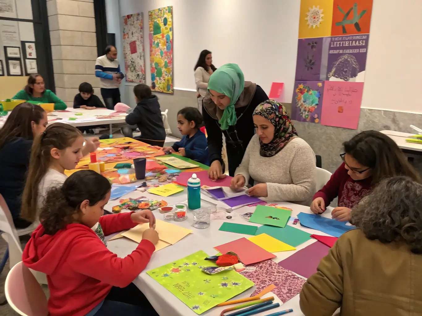 A vibrant community arts workshop in progress, with participants of all ages engaged in painting and crafting, showcasing the inclusive and collaborative environment fostered by GOURBI PRODUCTIONS.