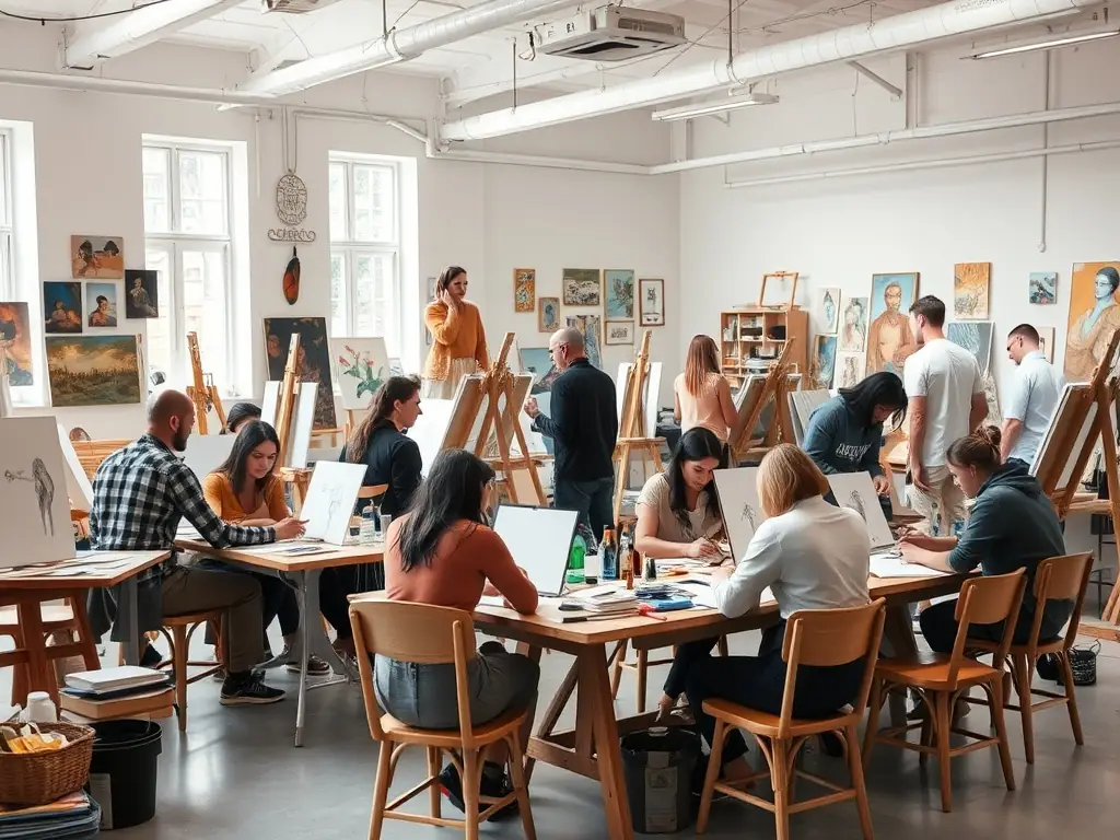 A photograph of a group of young artists participating in a professional development workshop, focusing on skills enhancement and career advancement in the arts, reflecting GOURBI PRODUCTIONS' dedication to artist support.