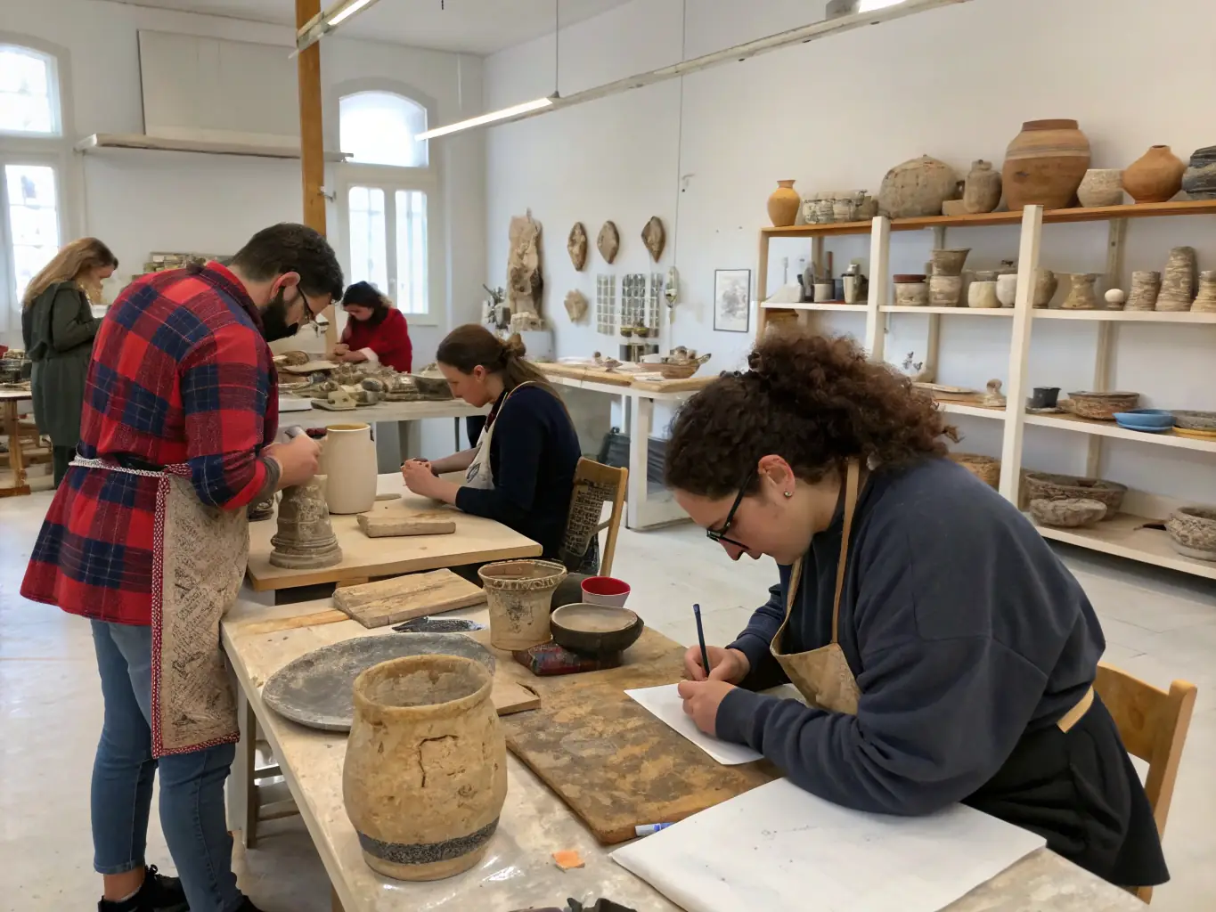 A photograph showcasing a professional development workshop for artists, with participants actively learning new skills and techniques, emphasizing GOURBI PRODUCTIONS' dedication to supporting artists' professional growth.