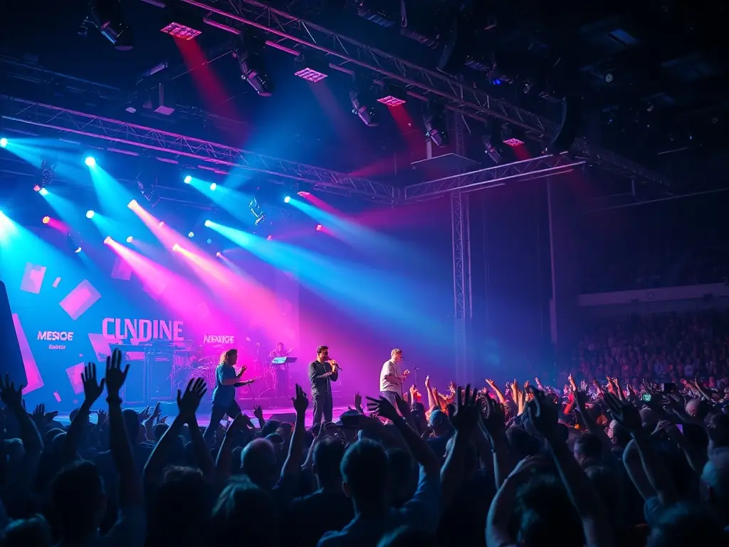 A dynamic image of a live performance event organized by GOURBI PRODUCTIONS, featuring artists on stage and an enthusiastic audience, highlighting the organization's commitment to promoting live performance and cultural experiences.